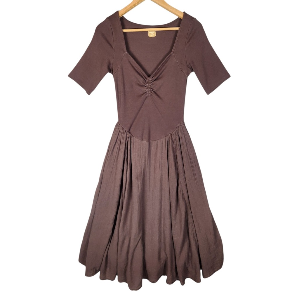 Free People Talia Midi Dress Small Brown Ruched Sweetheart Neck Boho Whimsigoth